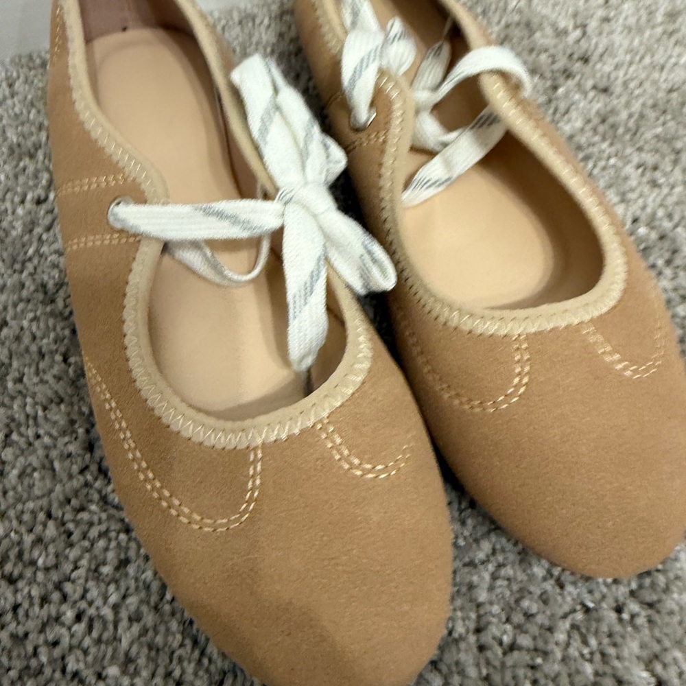 Tan Suede Ballet Flats with White Laces